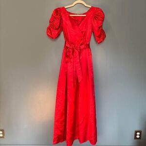 V I N T A G E USA Union Red Satin Puff Belted Party dress Bridesmaid Retro 70s